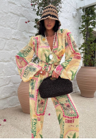 Komplet koszula i spodnie wide leg we wzory La Milla Really Notice bananowy