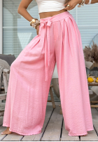 Materiałowe spodnie wide leg z wiązaniem Wavy Happiness różowe