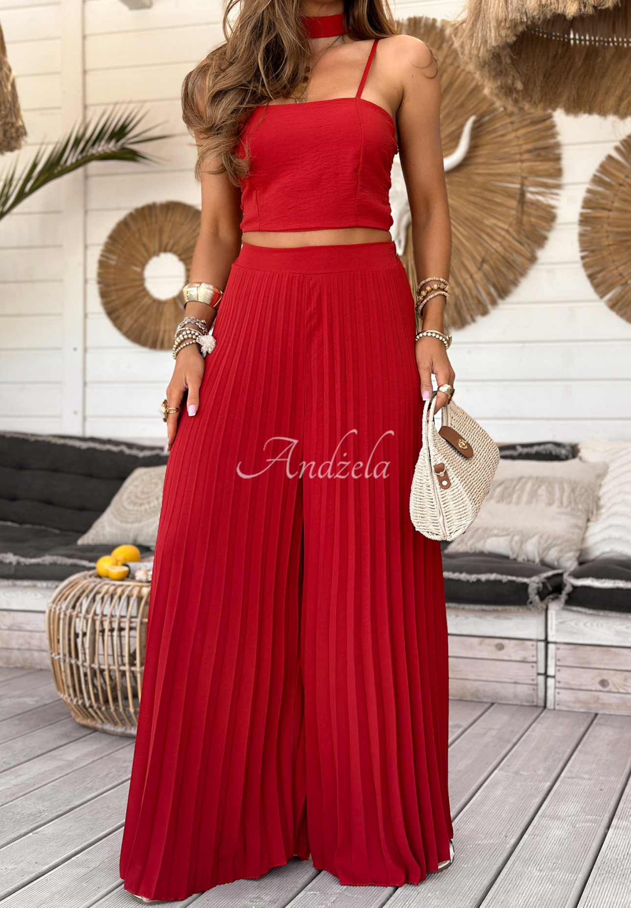 Set of top and pleated wide leg pants Beverly Shores red