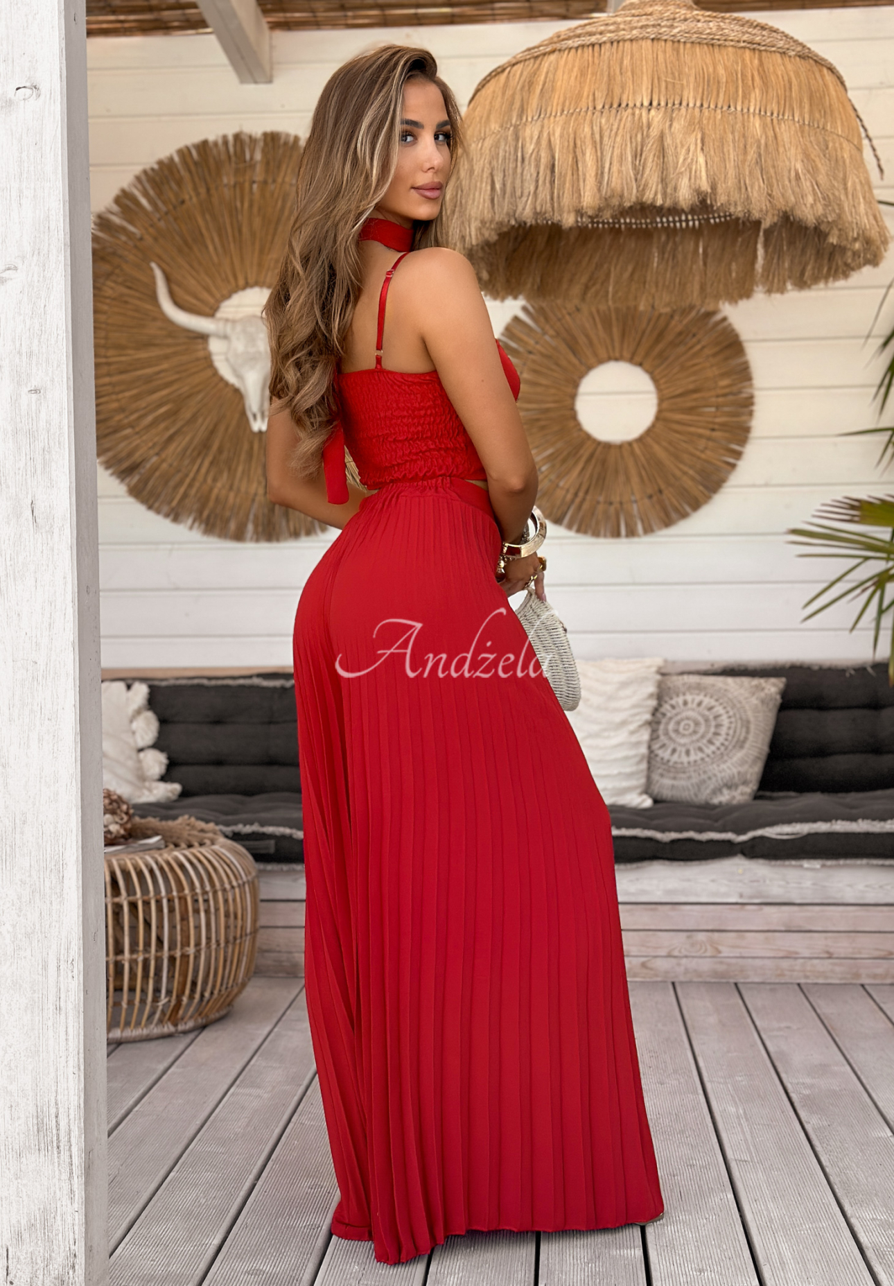 Komplet top i plisowane spodnie wide leg Beverly Shores czerwony