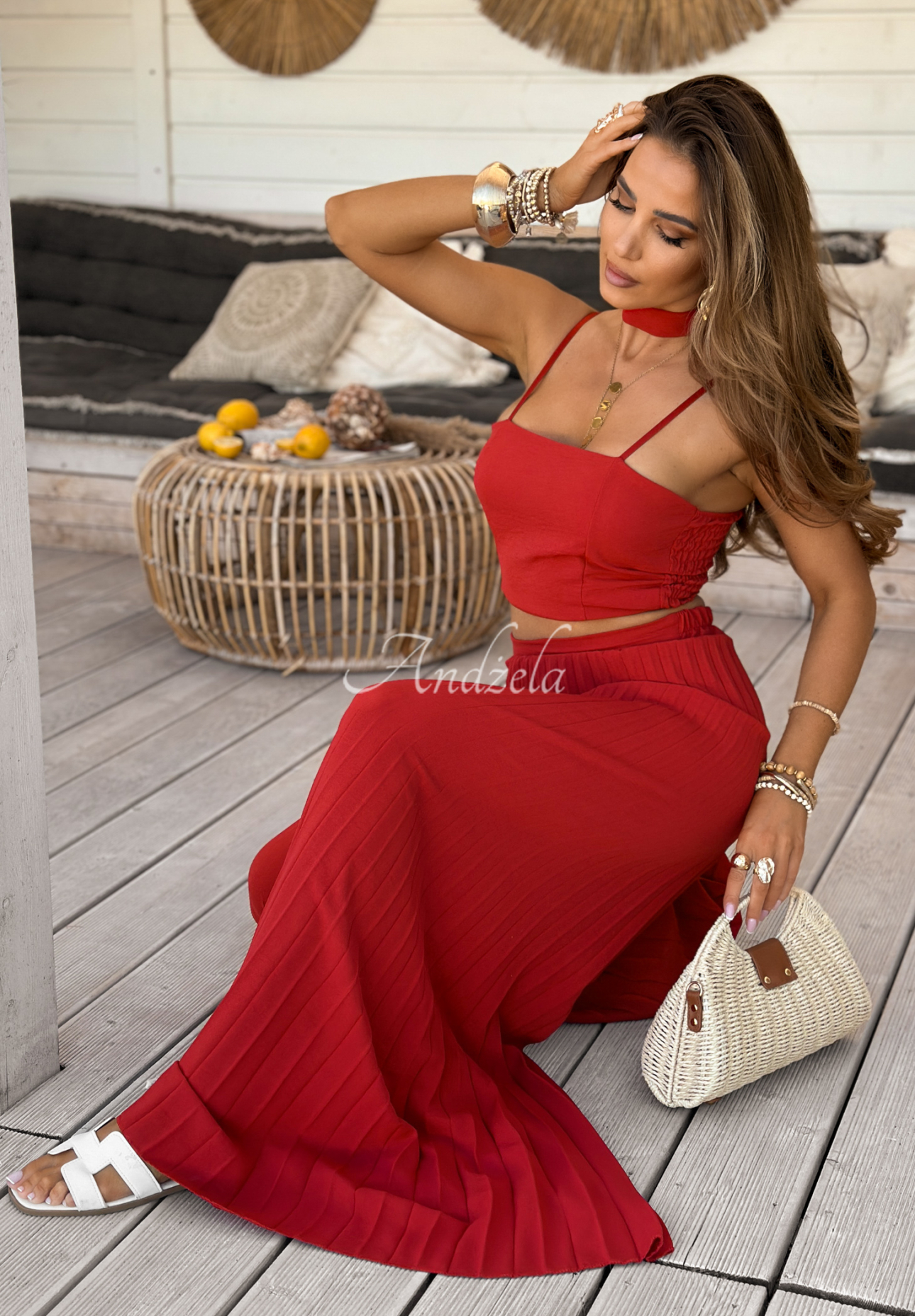 Set of top and pleated wide leg pants Beverly Shores red