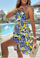 Sukienka na ramiączkach w cytrynki La Fleur granatowo-żółta