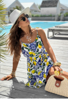 Sukienka na ramiączkach w cytrynki La Fleur granatowo-żółta