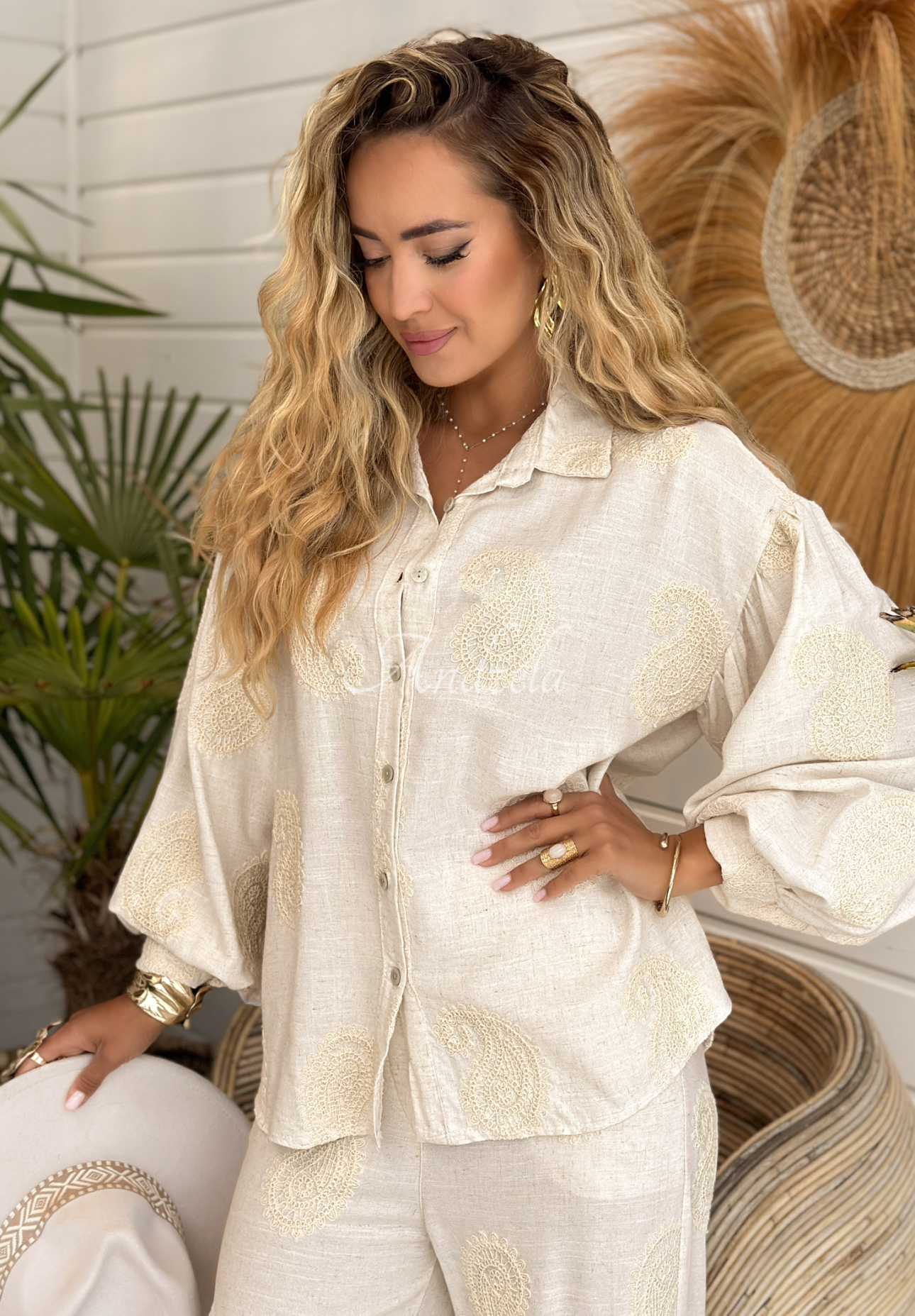 Viscose shirt with boho embroidery Prettiest Sunsets beige