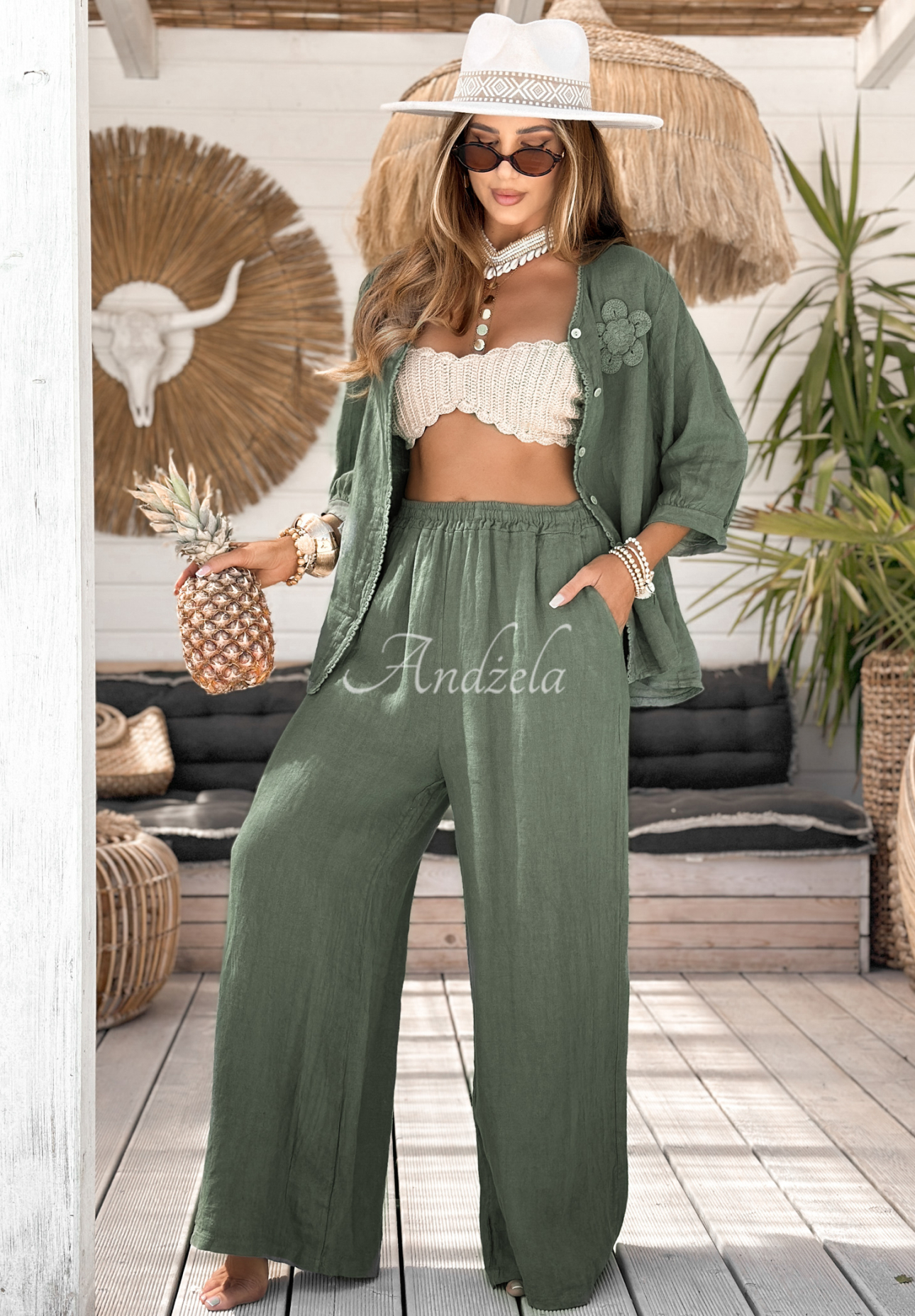 Linen blouse with flowers On Vacation khaki