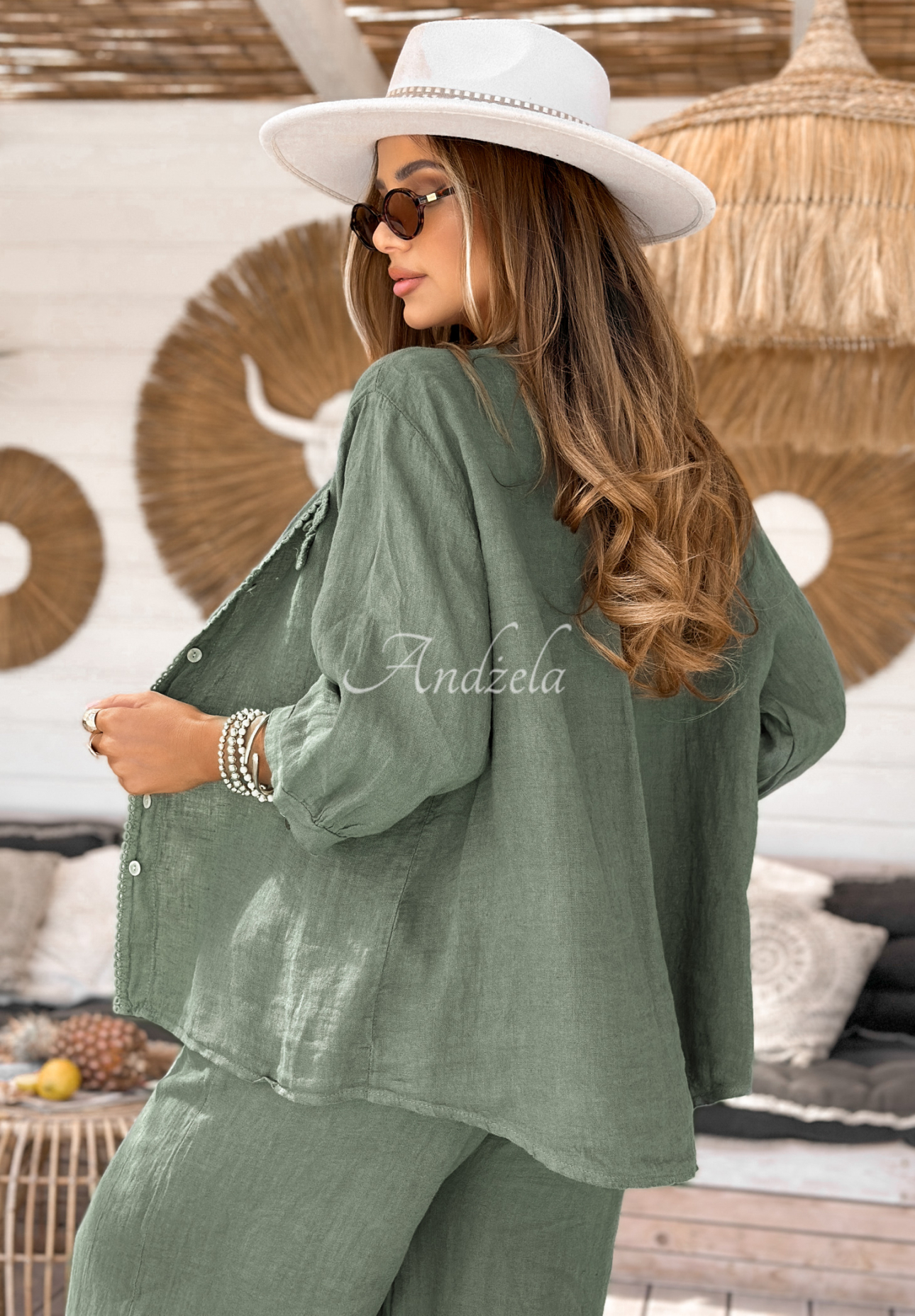 Linen blouse with flowers On Vacation khaki