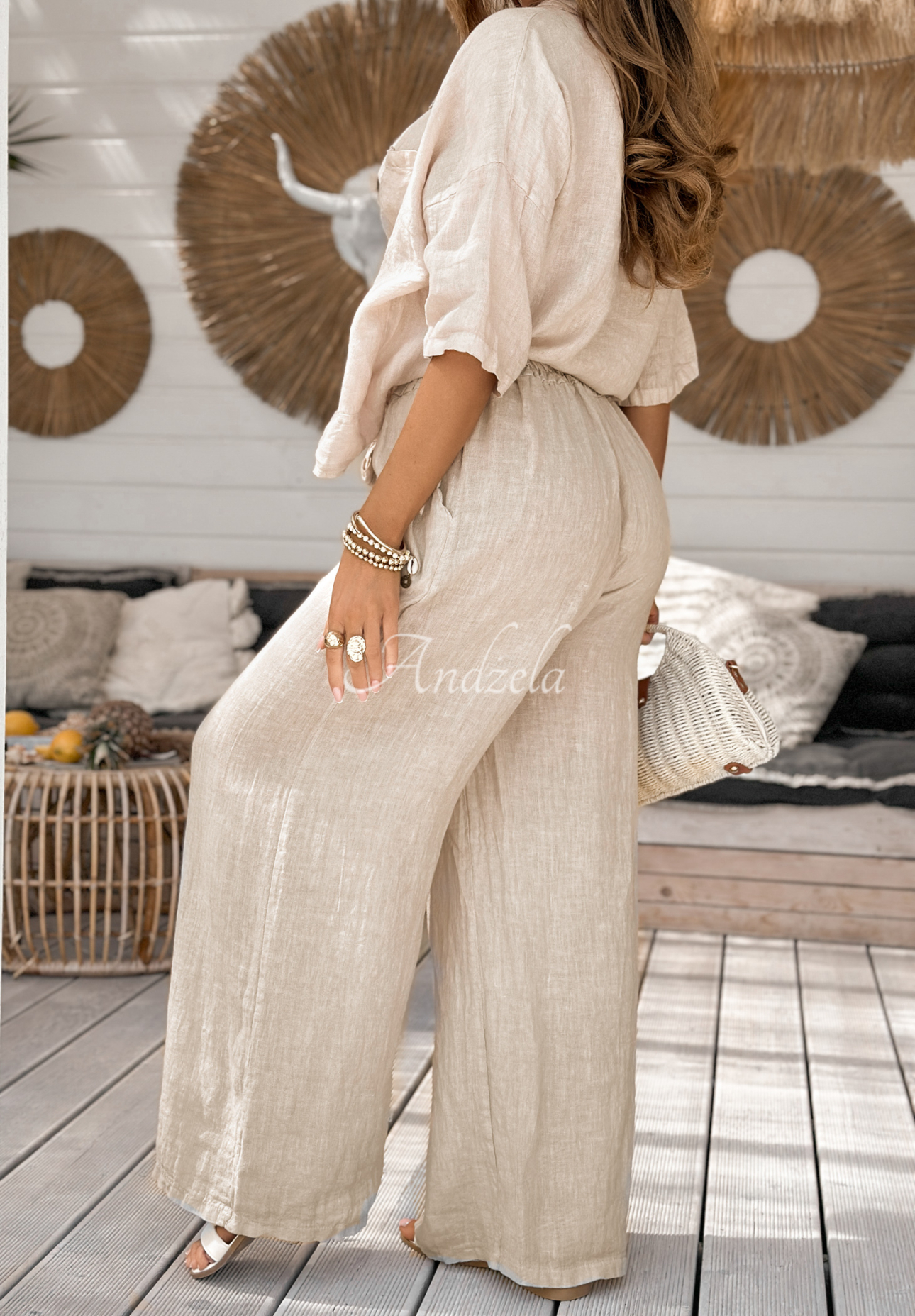 Lniane spodnie wide leg On Vacation beżowe