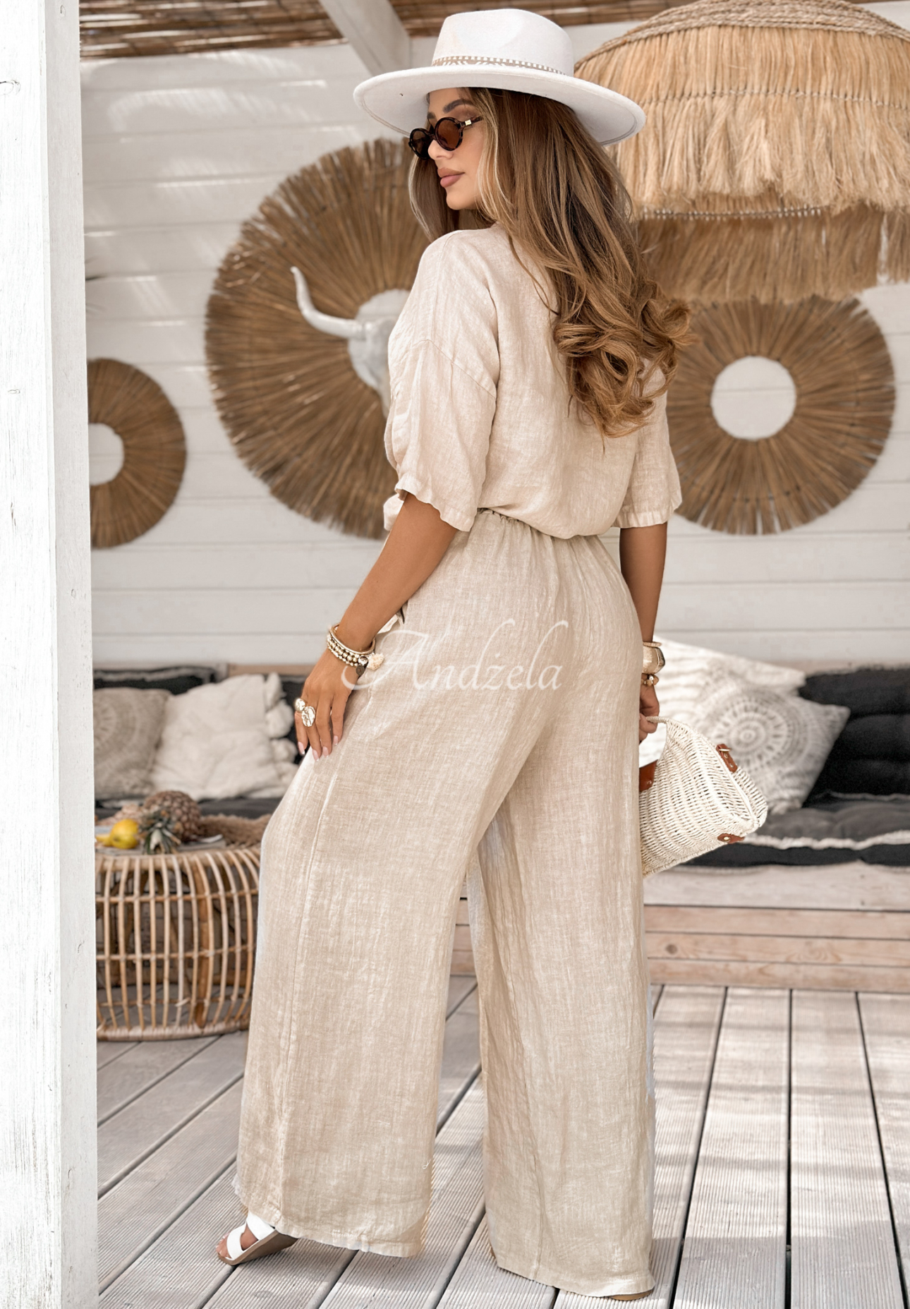 Lniane spodnie wide leg On Vacation beżowe