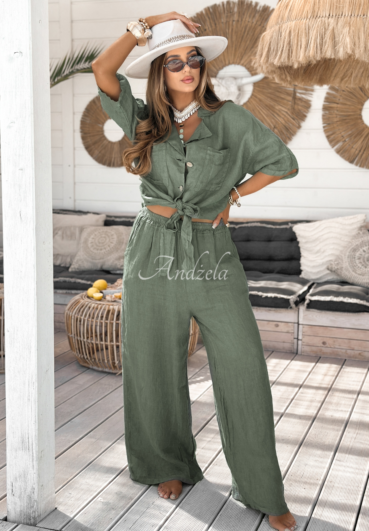 Lniana koszula z kieszeniami On Vacation khaki