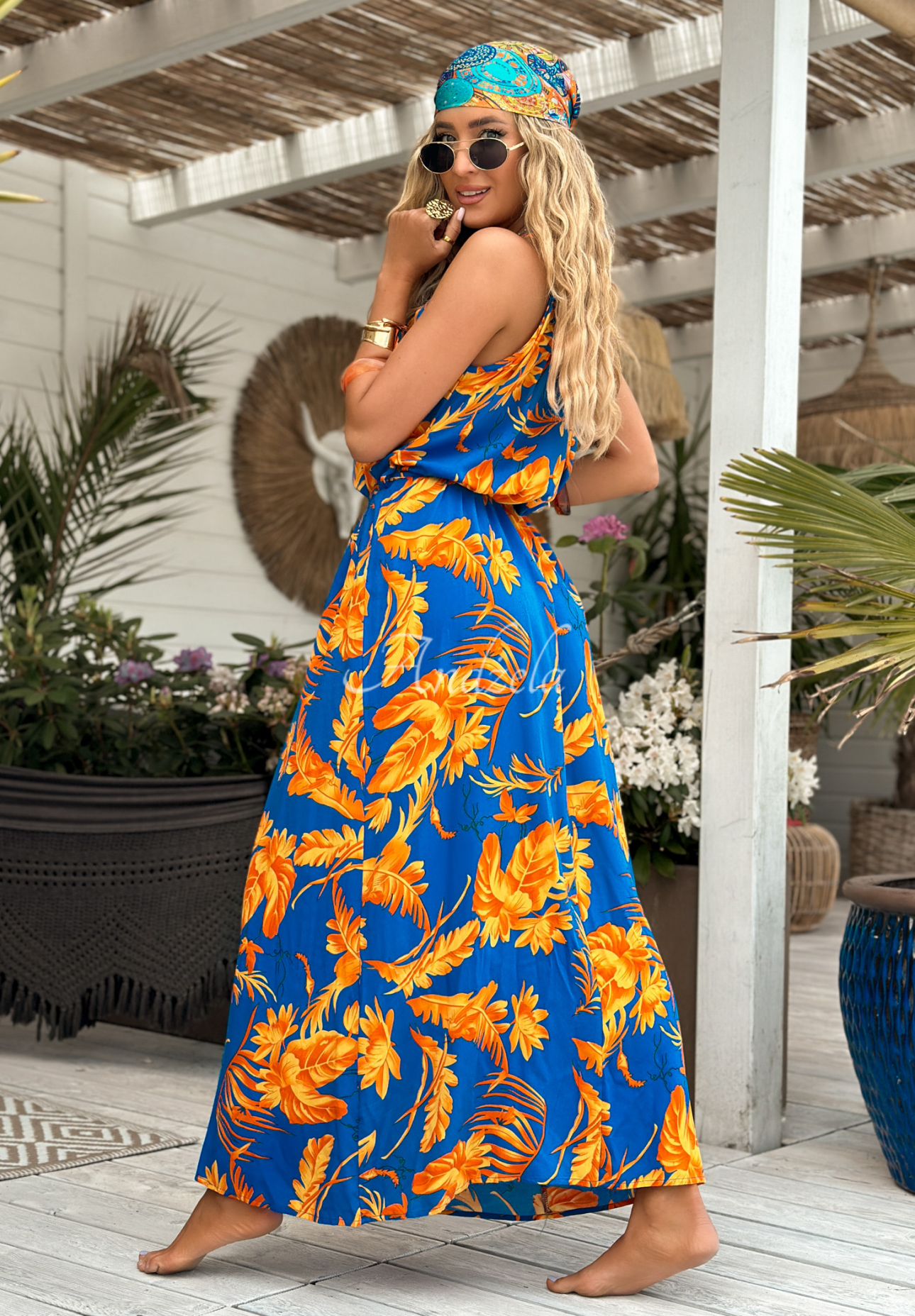 Hawaiian Road blue and orange patterned dress