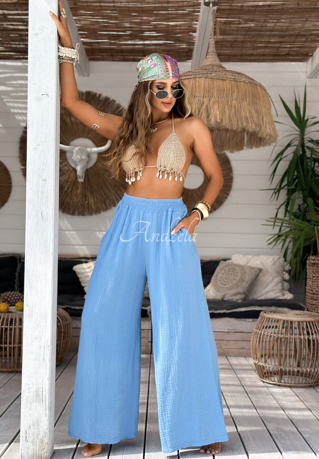 Muslin wide leg pants Paradise Bay blue