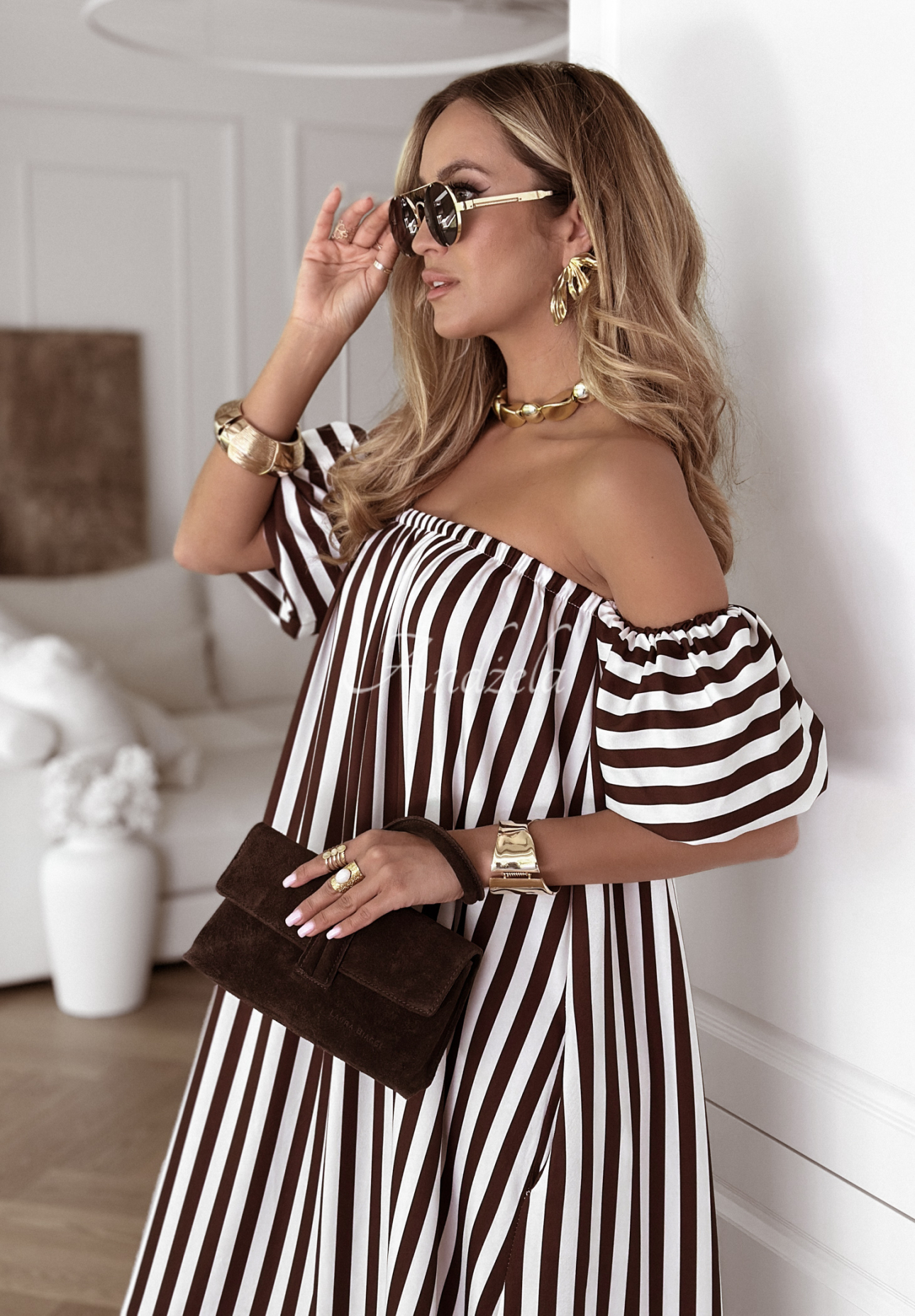 Viscose striped Spanish dress by Buena Vista white and chocolate