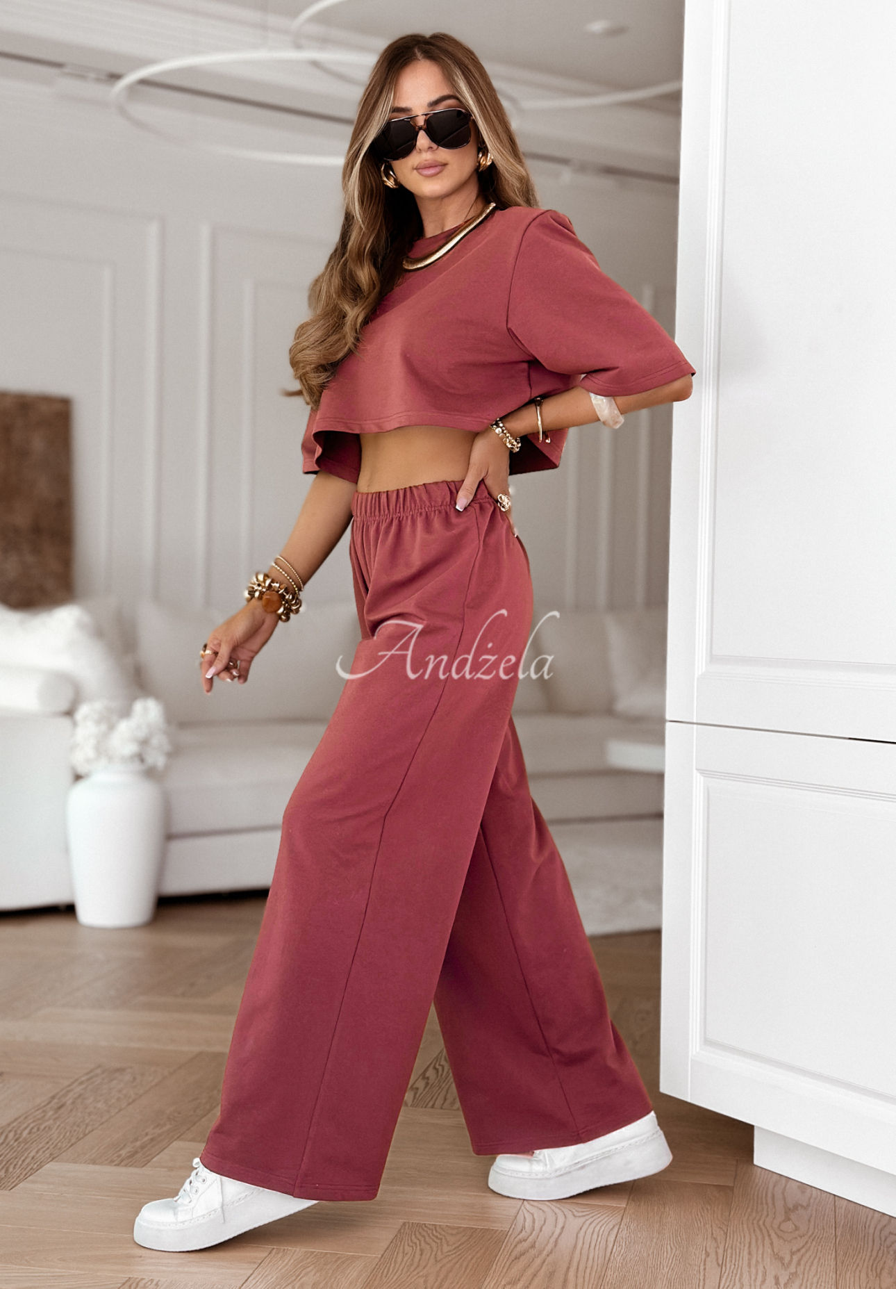 Bawełniany komplet dresowy T-shirt i spodnie wide leg Lovely Duo malinowy