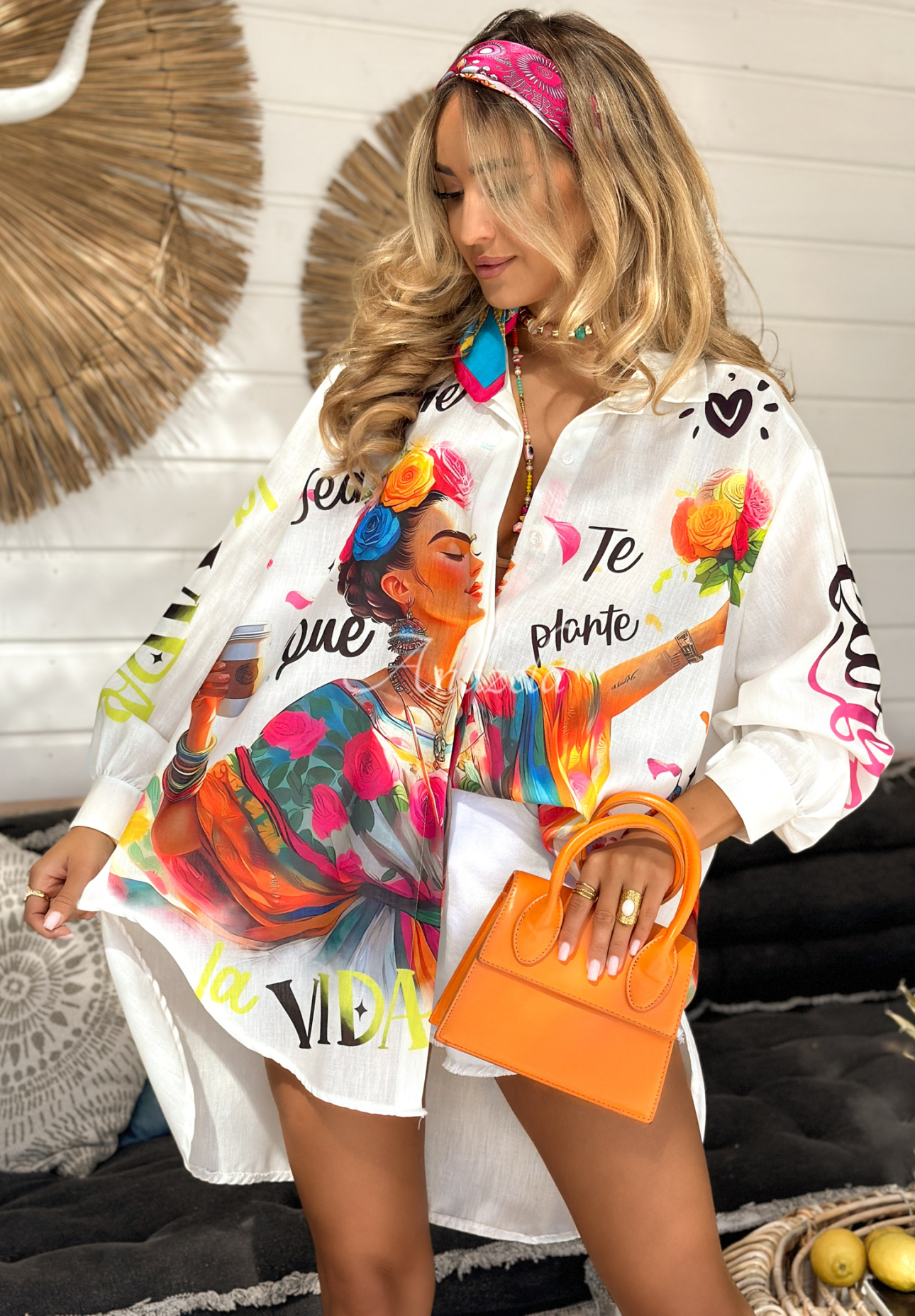 Asymetryczna lniana koszula we wzory Te Plante biała