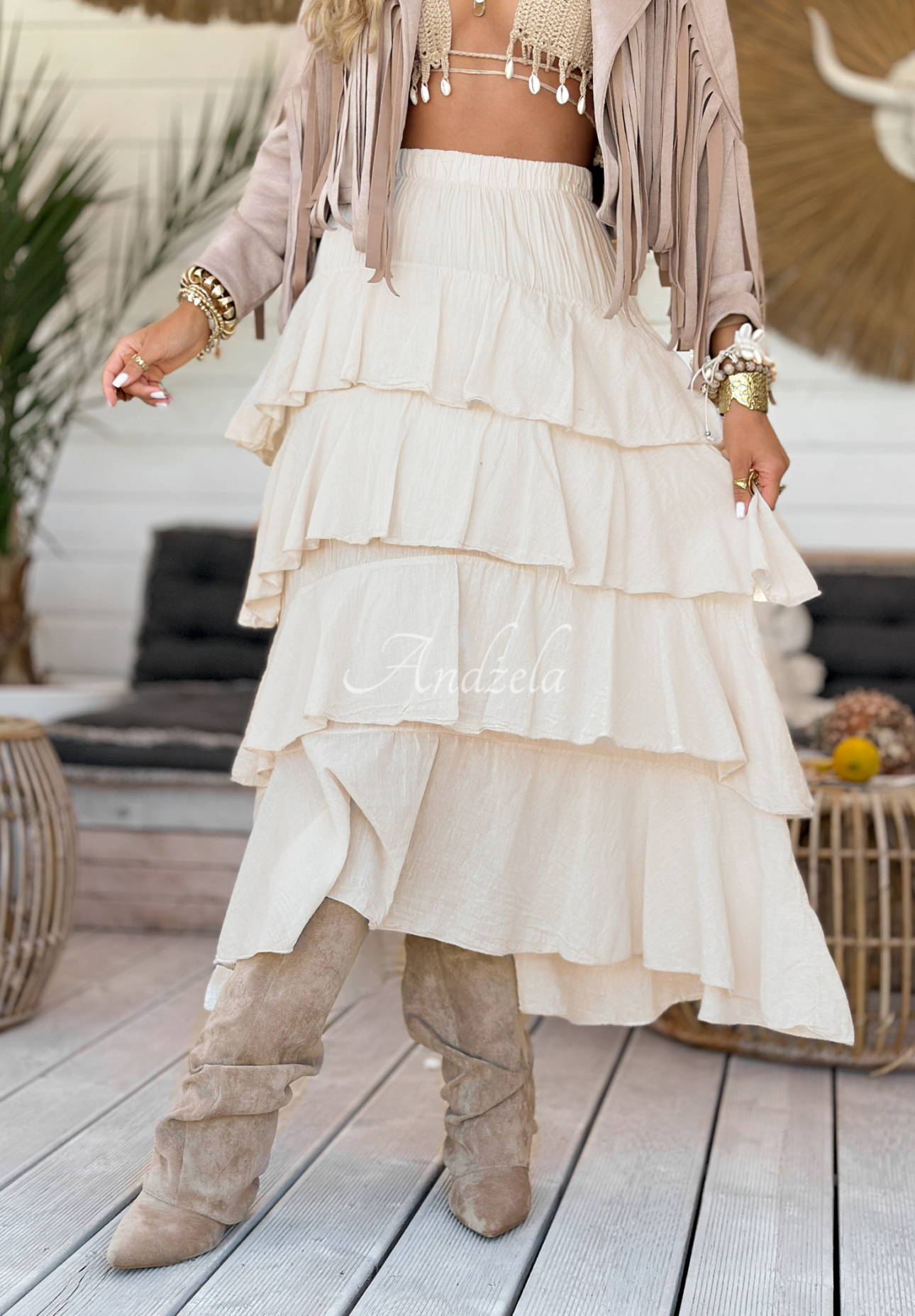 Boho Sands beige maxi skirt with ruffles