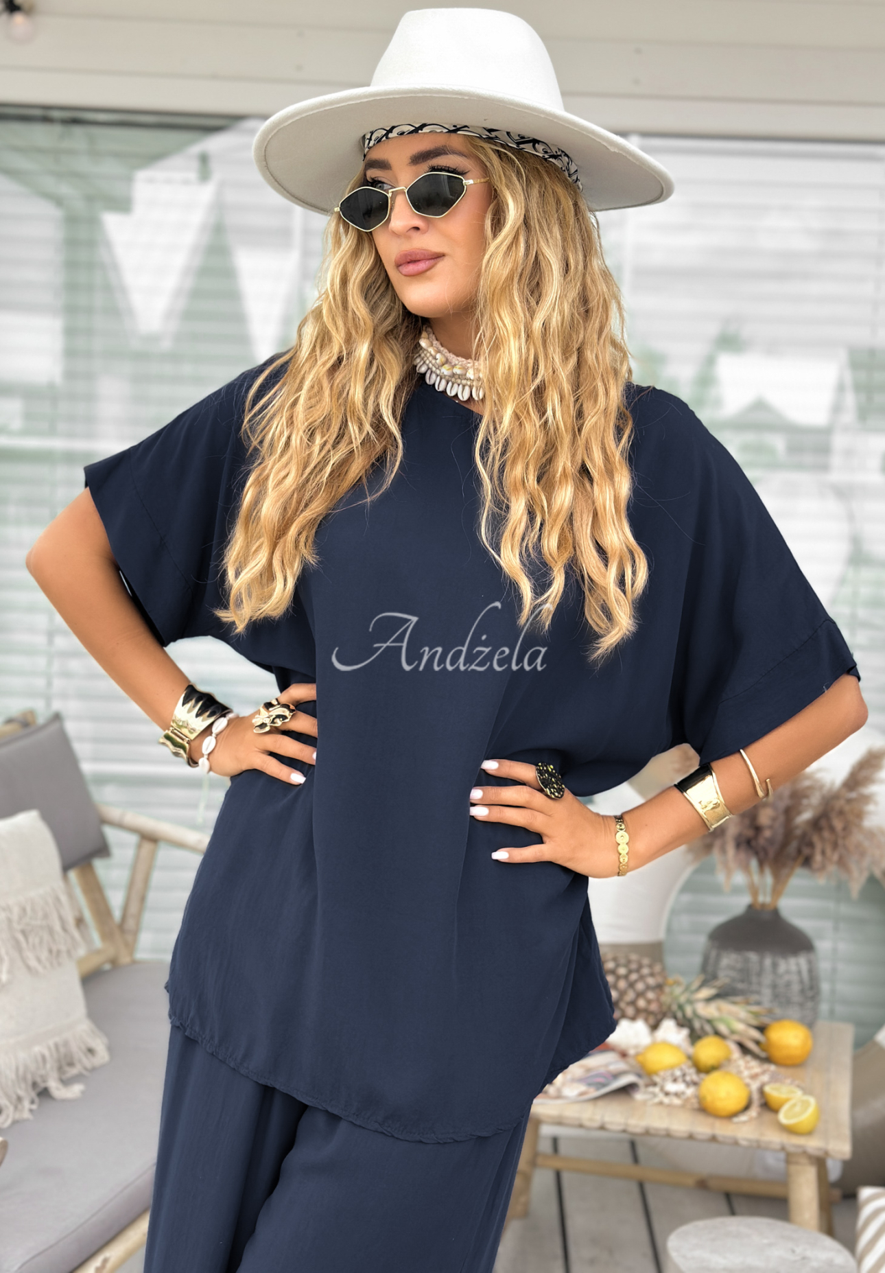 Viscose set blouse and wide leg pants Wind Whispers navy blue