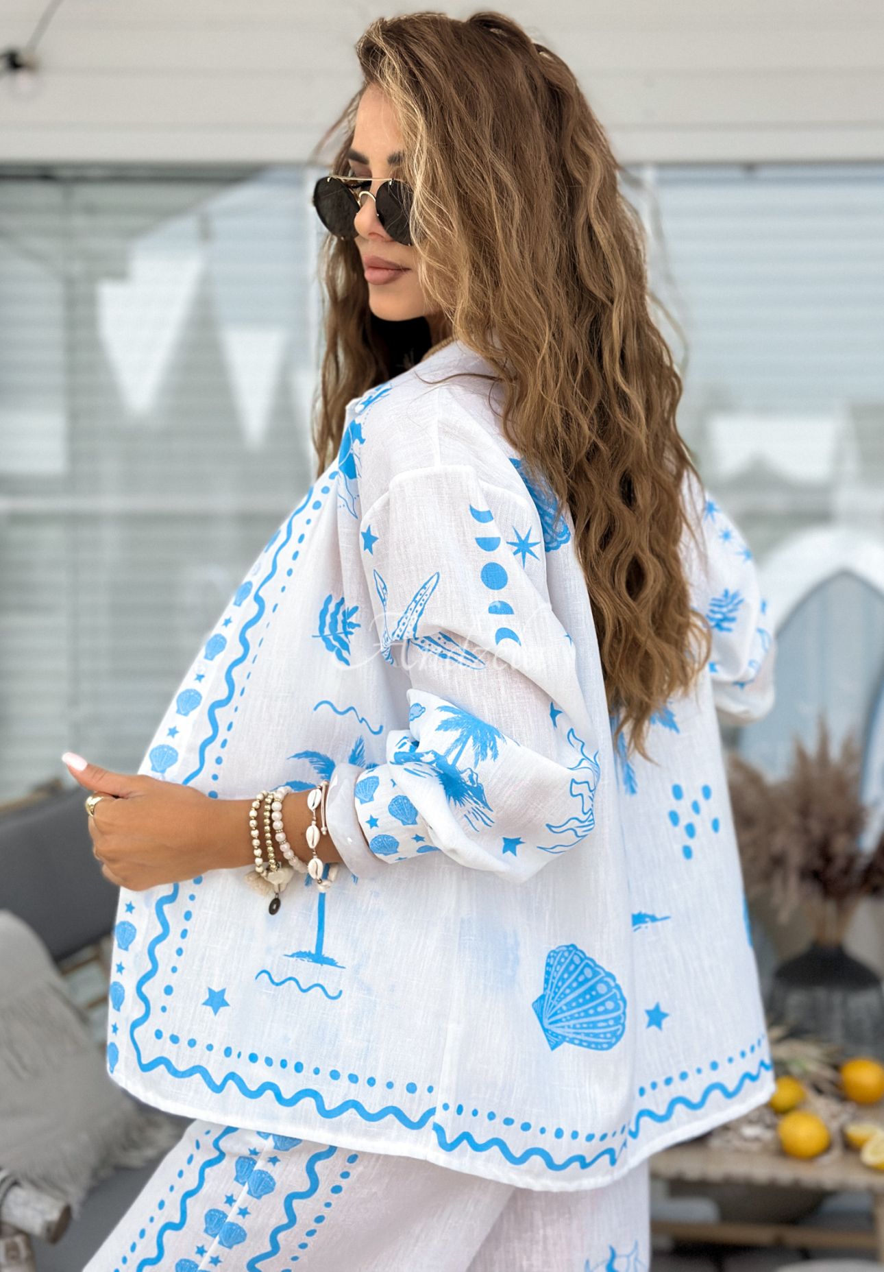Blue Sea Life white and blue patterned shirt and pants set