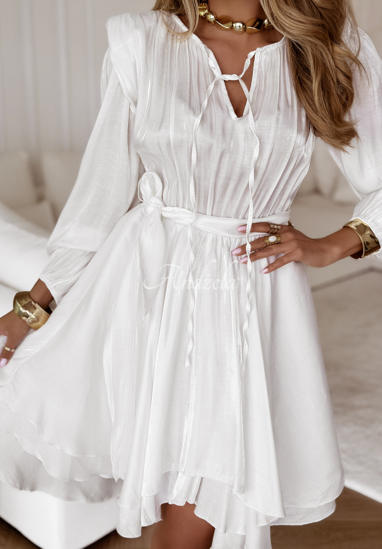 White Lotus chiffon dress with belt white