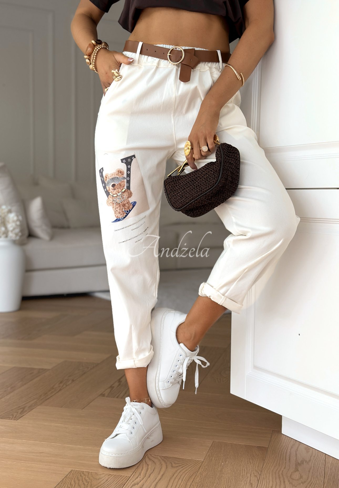 Viscose denim pants with Luxury Bear patch ecru