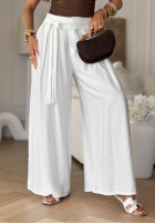 Materiałowe spodnie wide leg z wiązaniem Wavy Happiness ecru