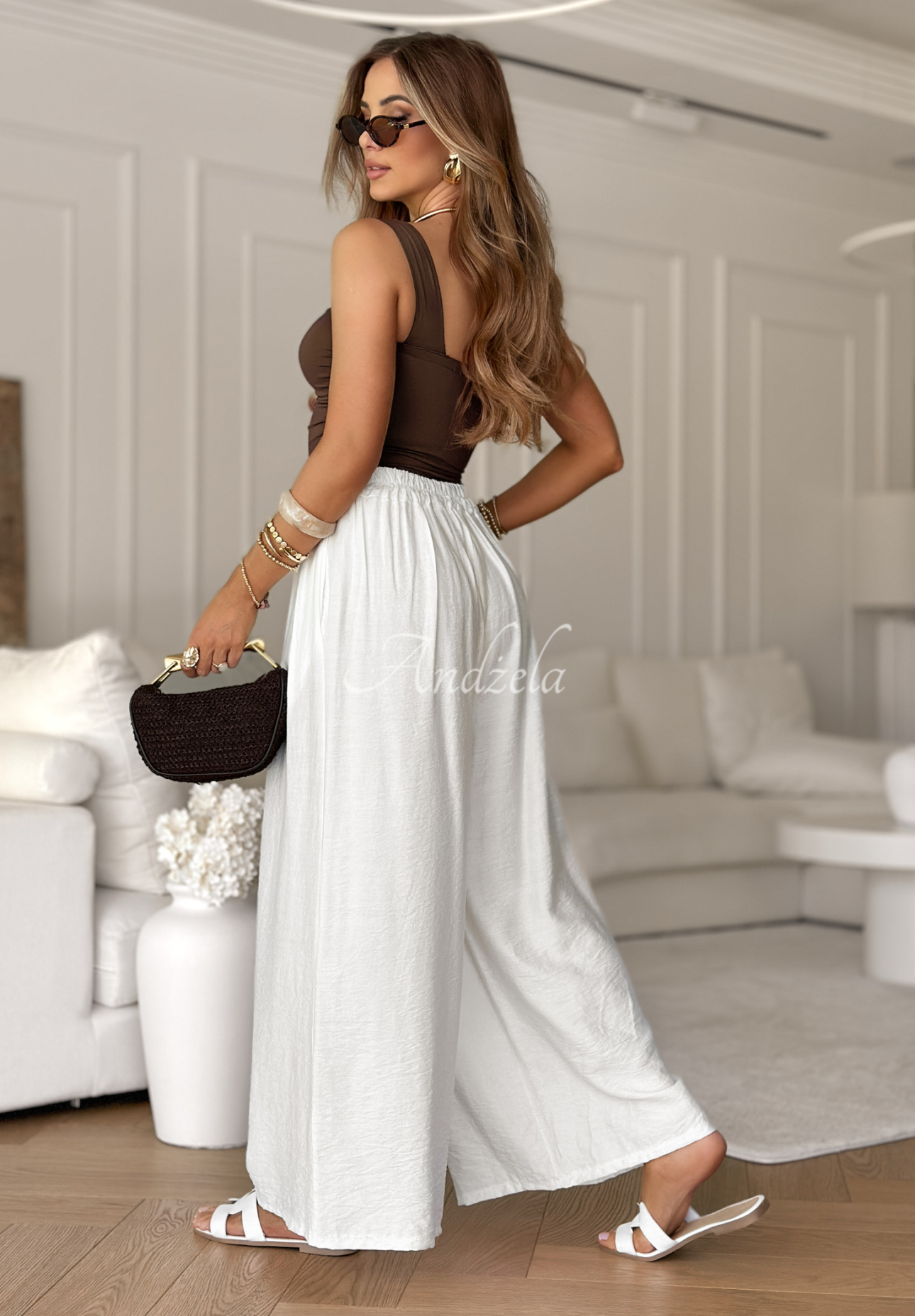 Viscose wide leg pants with binding Wavy Happiness ecru