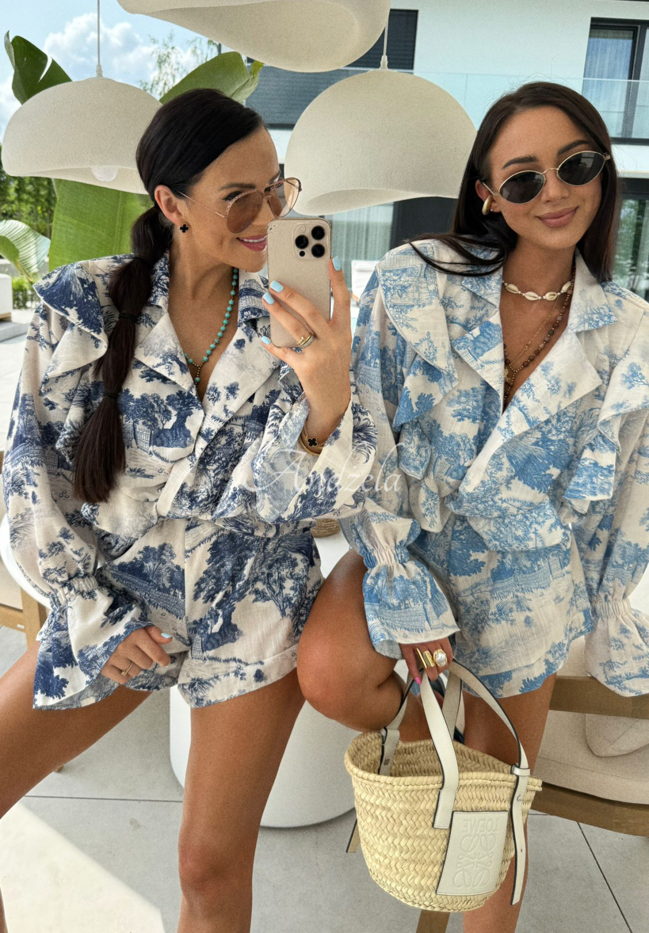 Lniany komplet koszula i krótkie spodenki we wzory La Milla Dreamy Places granatowy