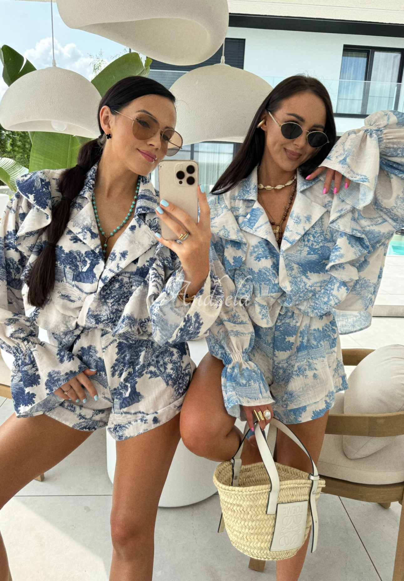 Lniany komplet koszula i krótkie spodenki we wzory La Milla Dreamy Places granatowy