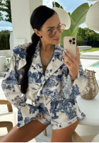 Lniany komplet koszula i krótkie spodenki we wzory La Milla Dreamy Places granatowy