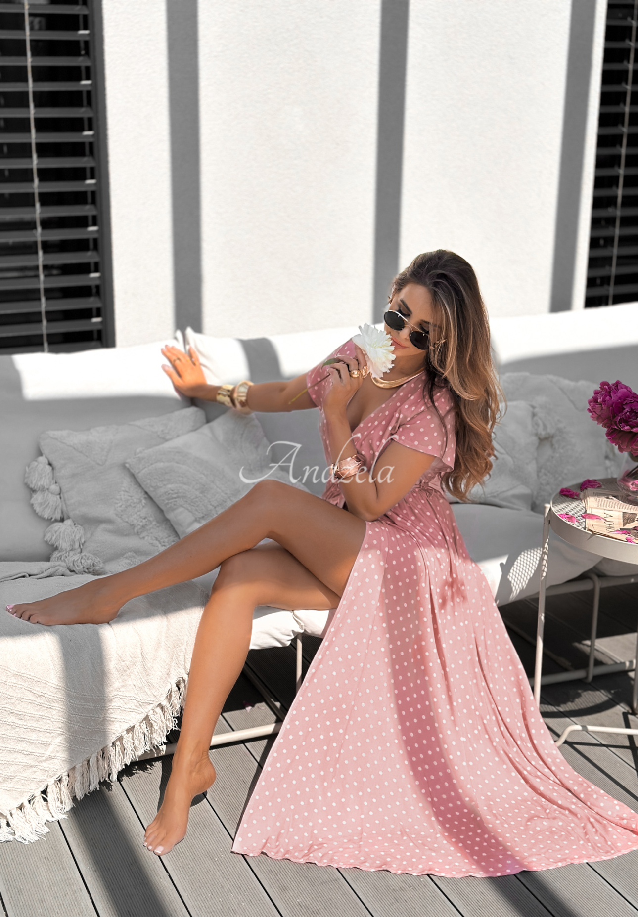 Sukienka w groszki Wendy pudrowy róż