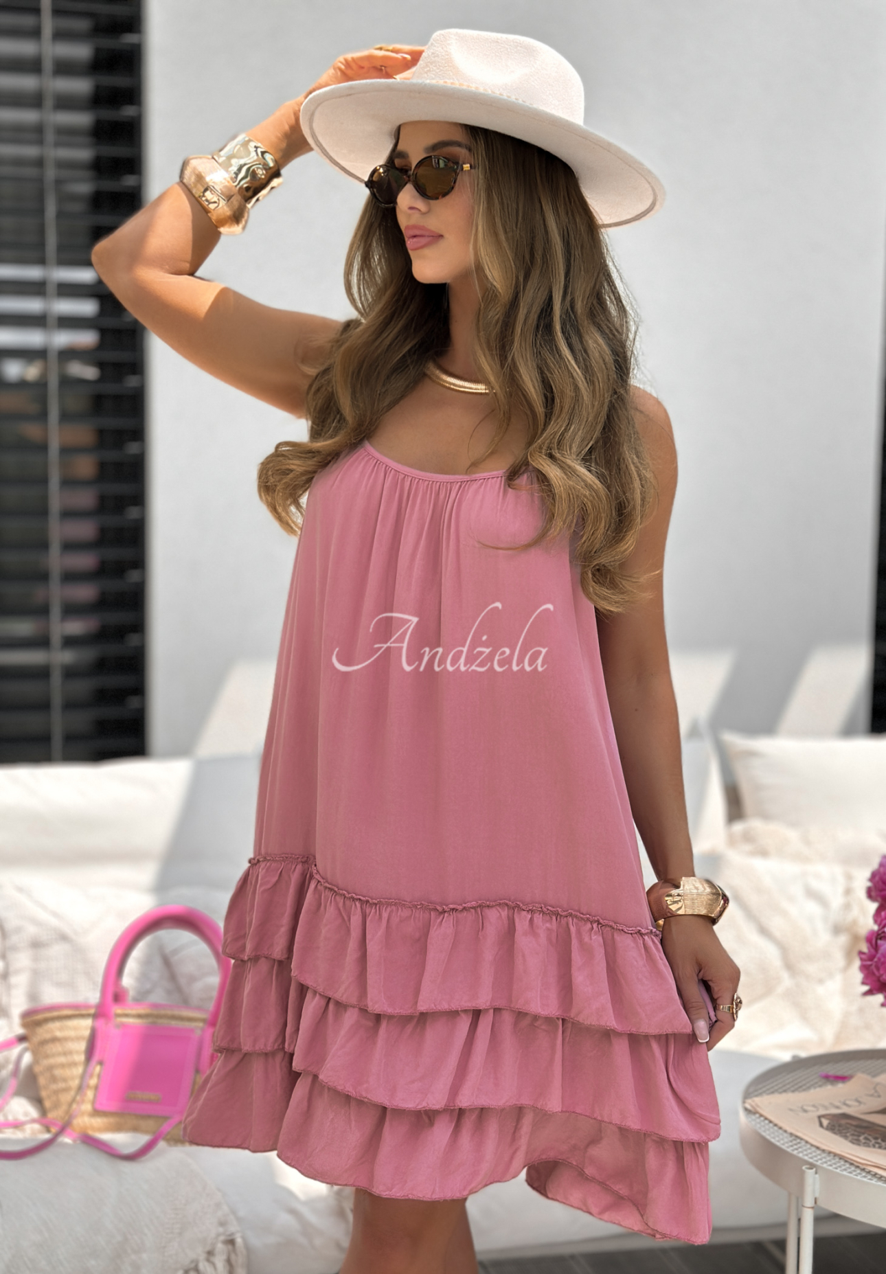 Viscose strapless dress with ruffles Ocean City pink