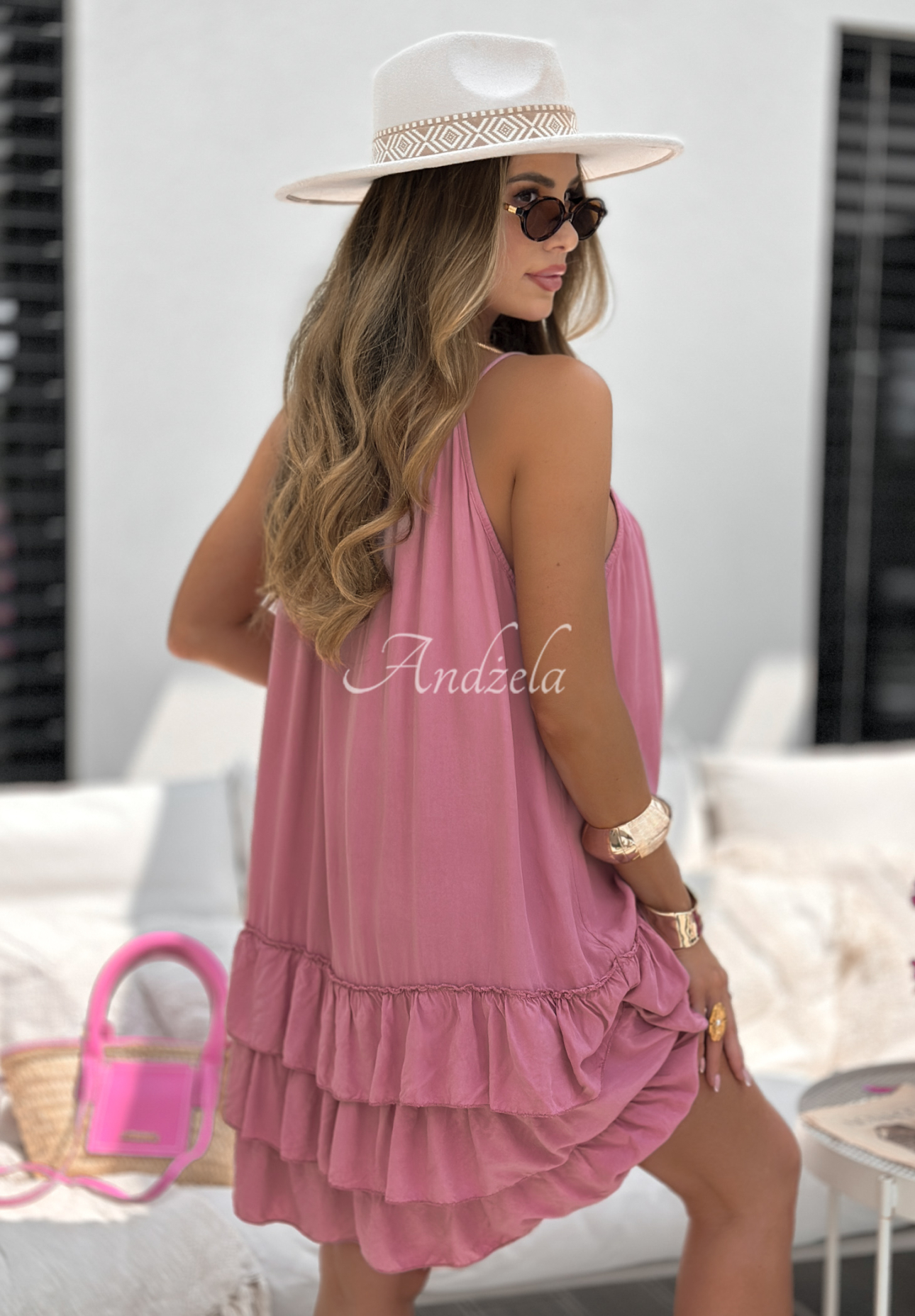 Viscose strapless dress with ruffles Ocean City pink