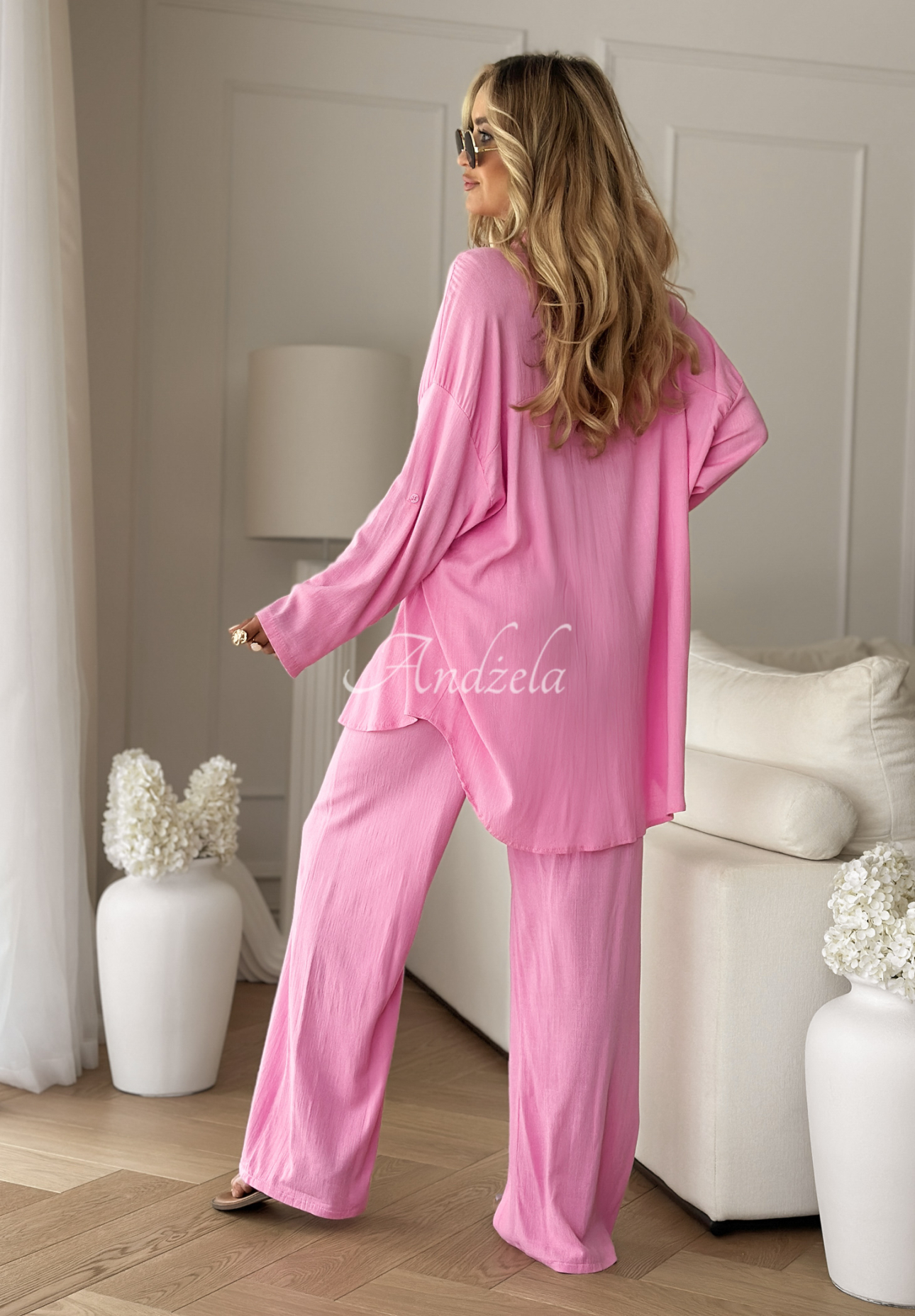 View Bliss wide leg shirt and pants set pink