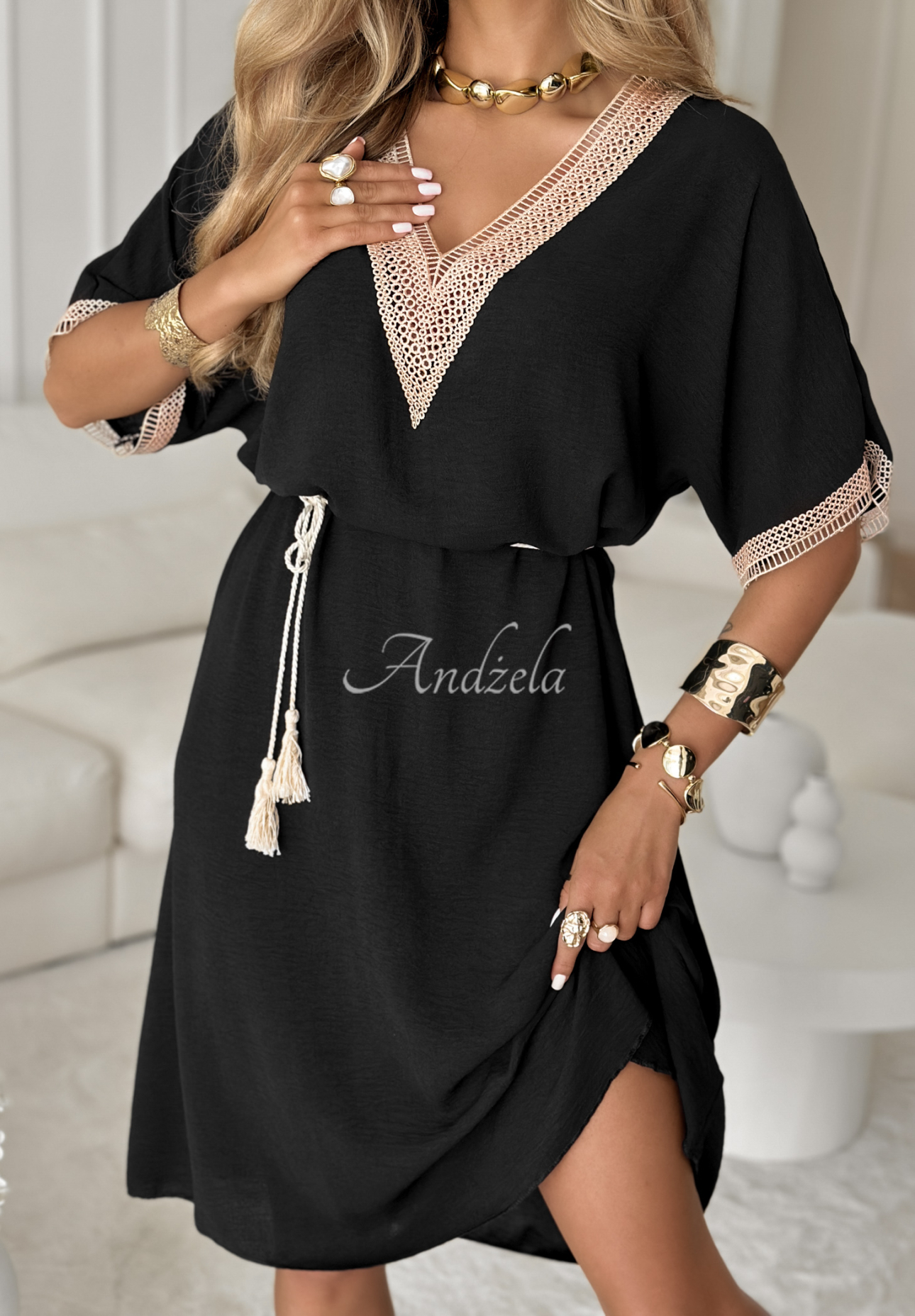 Midi dress with boho belt Chianti Valley black