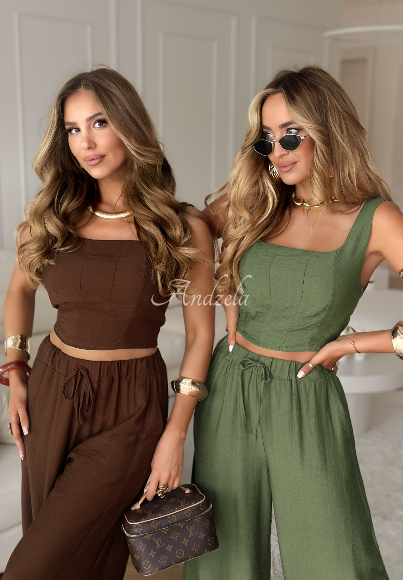 Wiskozowy komplet top i spodnie wide leg La Colorada khaki
