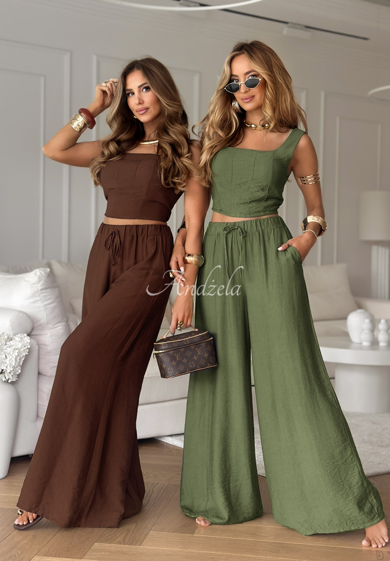 Viscose top and wide leg pants set La Colorada khaki
