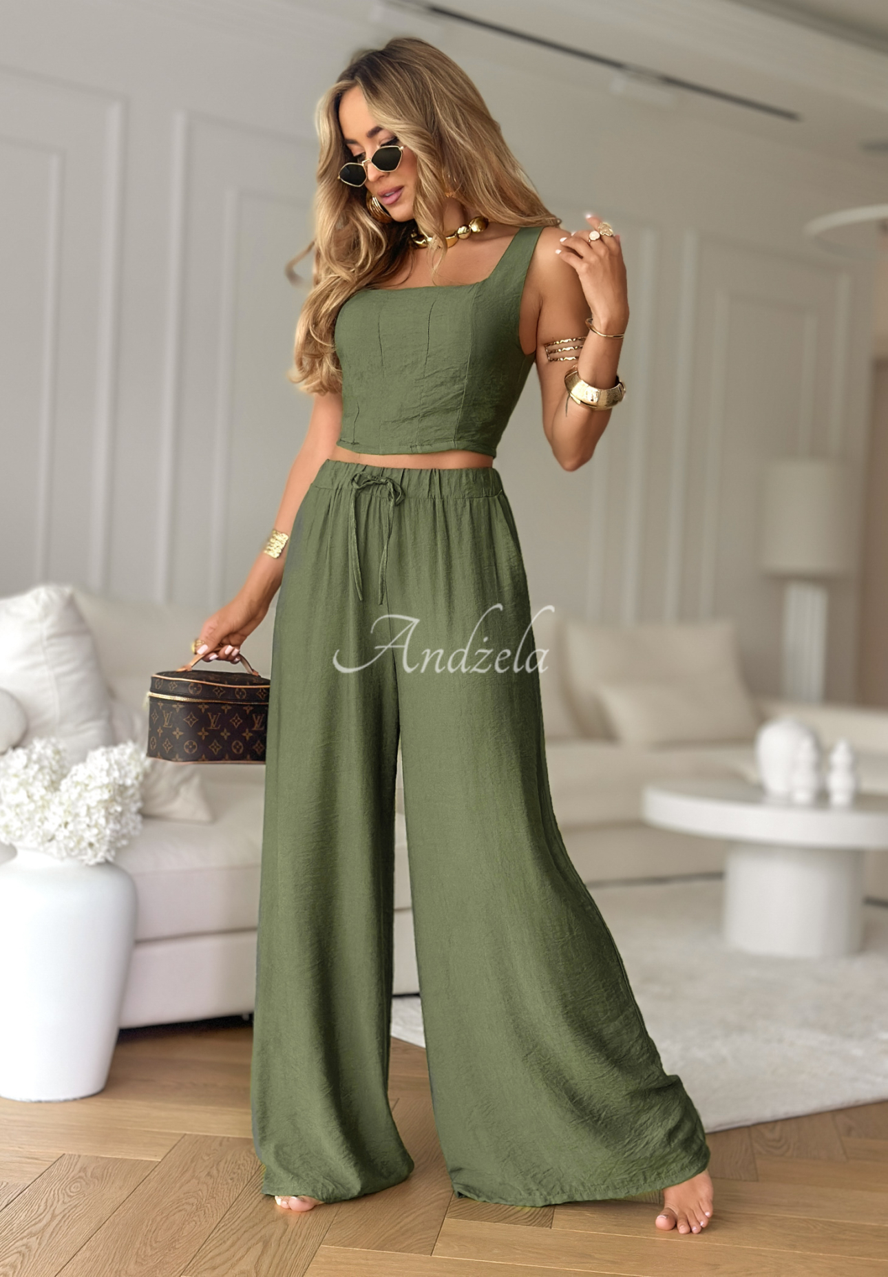Viscose top and wide leg pants set La Colorada khaki