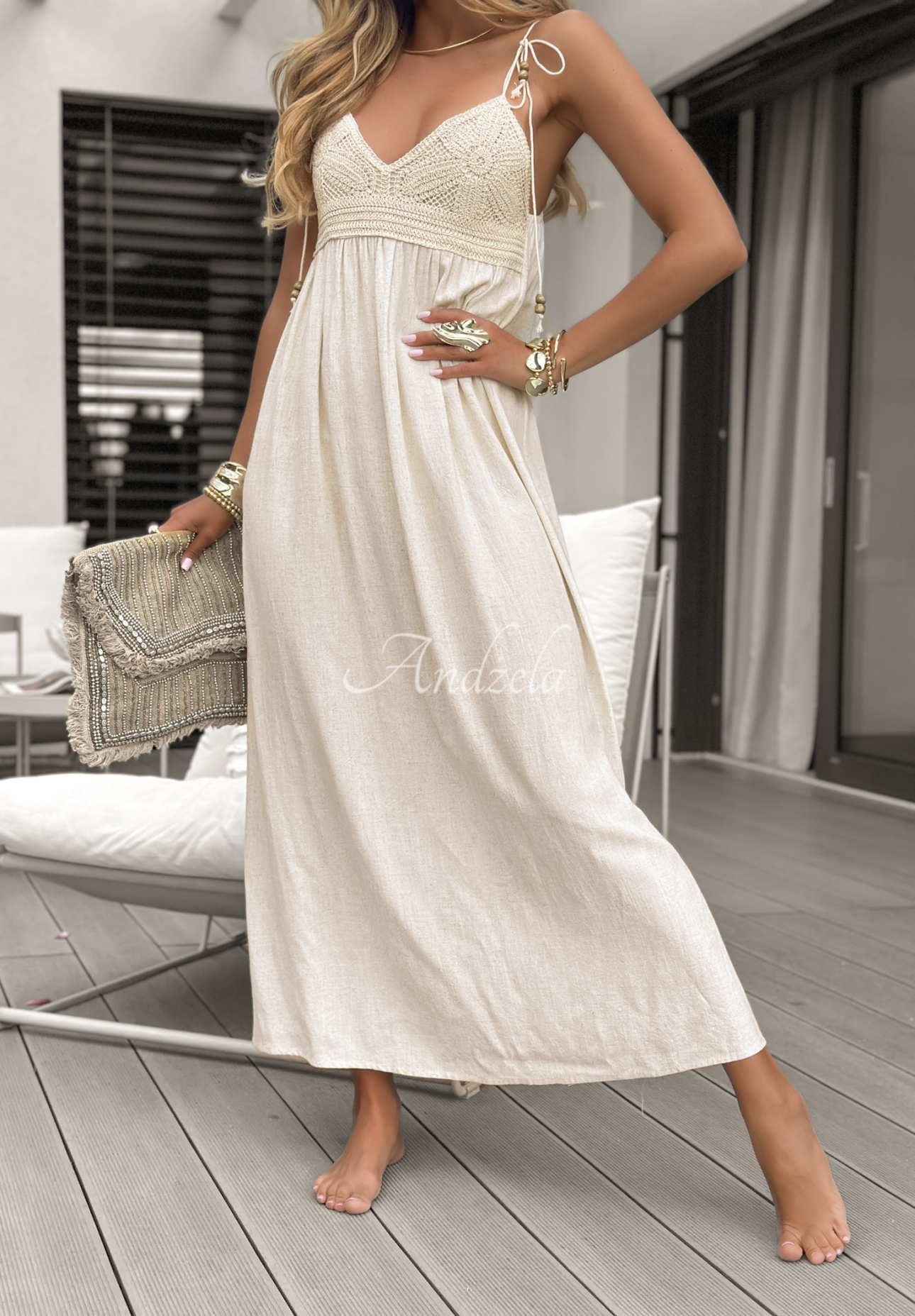 Lniana sukienka maxi boho Long Time No Sea beżowa