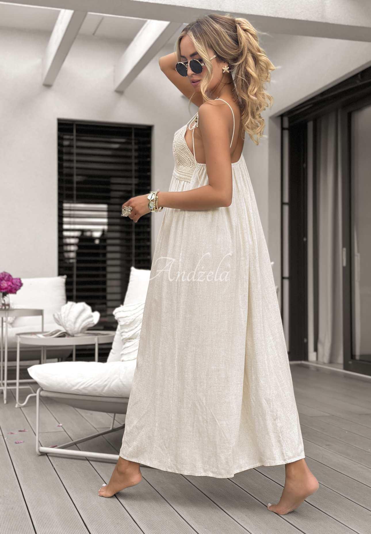 Long Time No Sea boho linen maxi dress beige