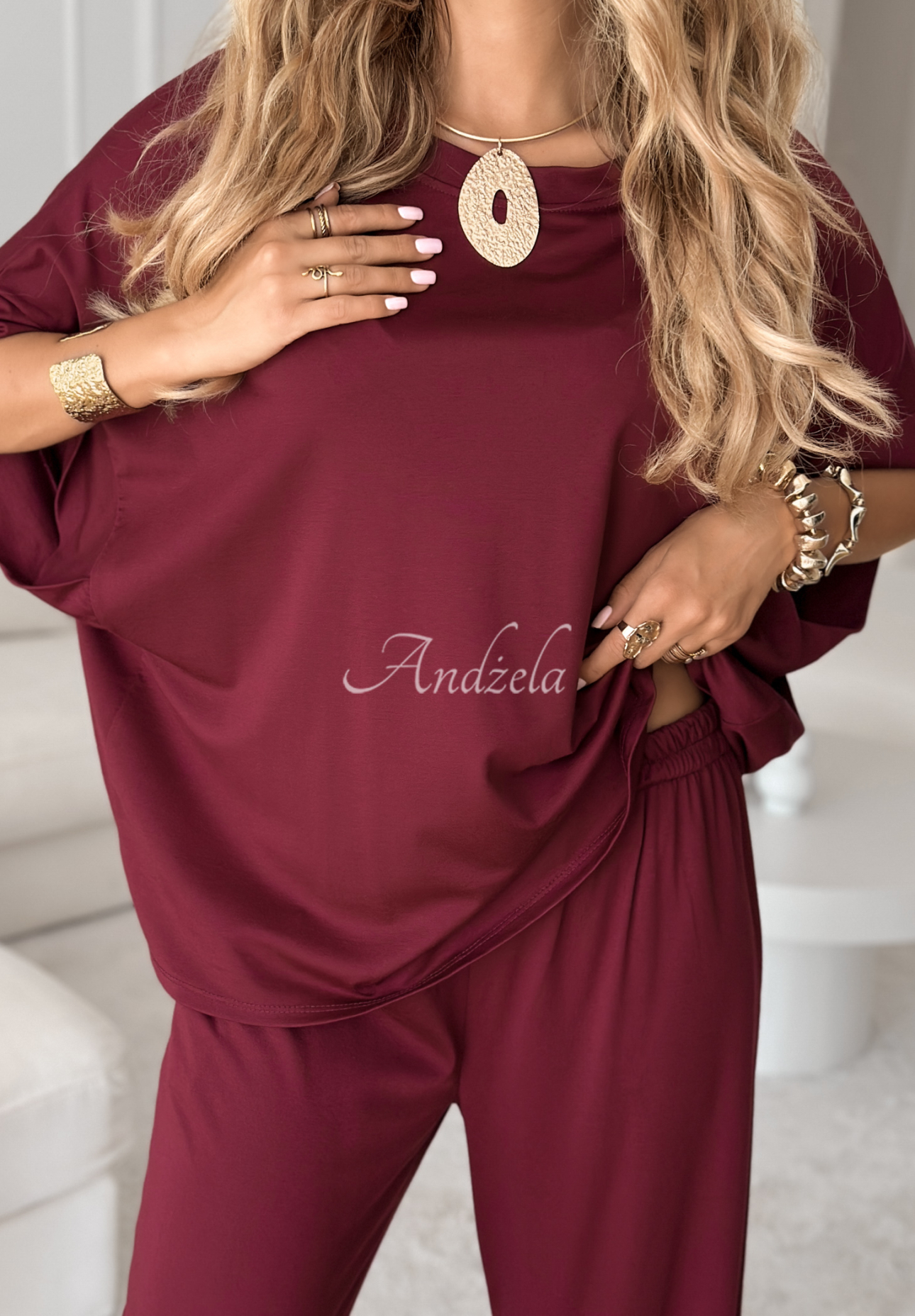 Wiskozowy komplet T-shirt oversize i spodnie Two Halves burgundowy