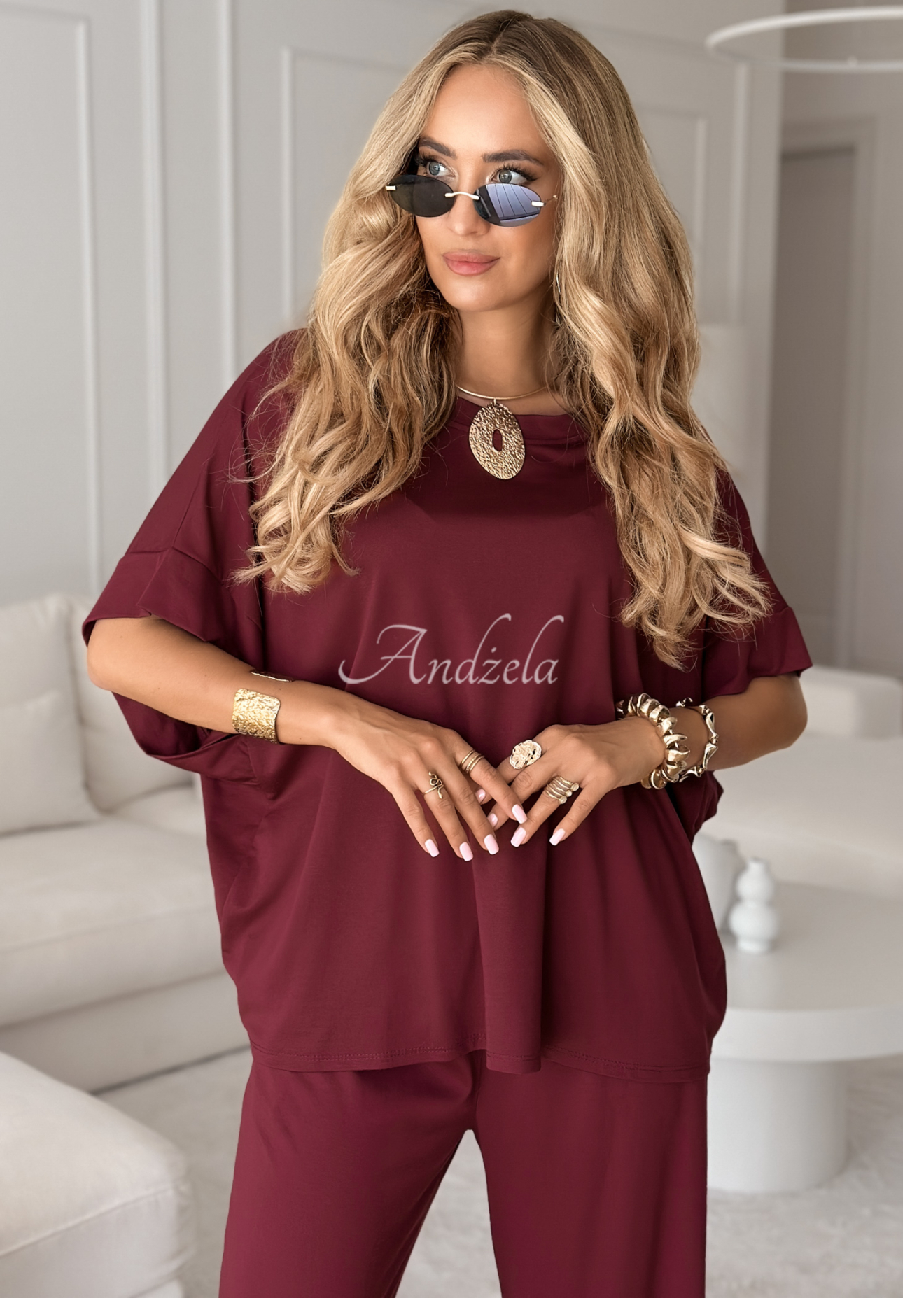 Wiskozowy komplet T-shirt oversize i spodnie Two Halves burgundowy