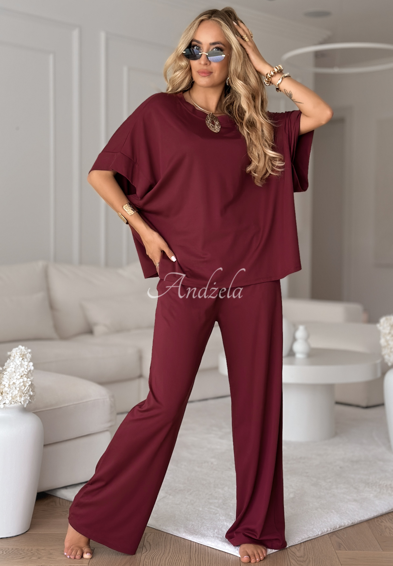 Wiskozowy komplet T-shirt oversize i spodnie Two Halves burgundowy