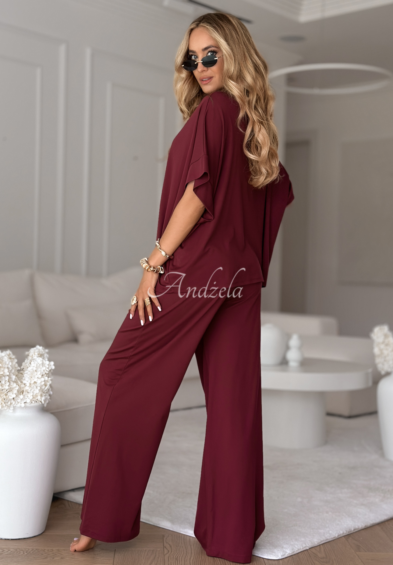 Wiskozowy komplet T-shirt oversize i spodnie Two Halves burgundowy