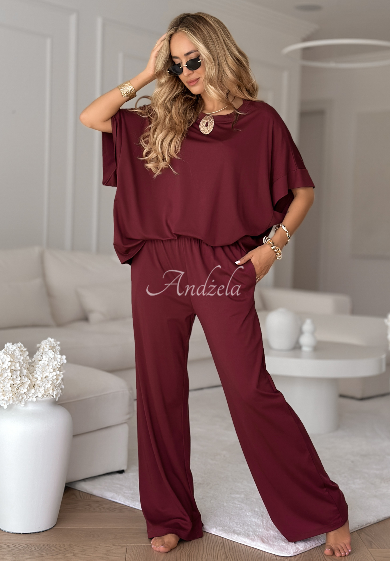 Wiskozowy komplet T-shirt oversize i spodnie Two Halves burgundowy