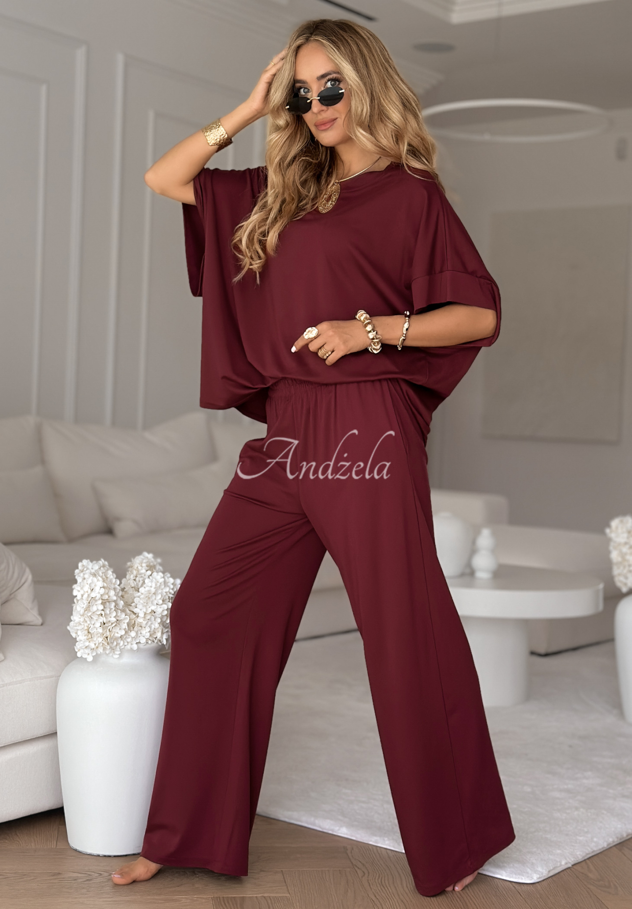 Wiskozowy komplet T-shirt oversize i spodnie Two Halves burgundowy