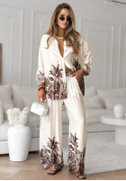 Satynowy komplet koszula i spodnie wide leg we wzory Salina Cruz waniliowy