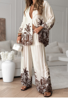 Satynowy komplet koszula i spodnie wide leg we wzory Salina Cruz waniliowy