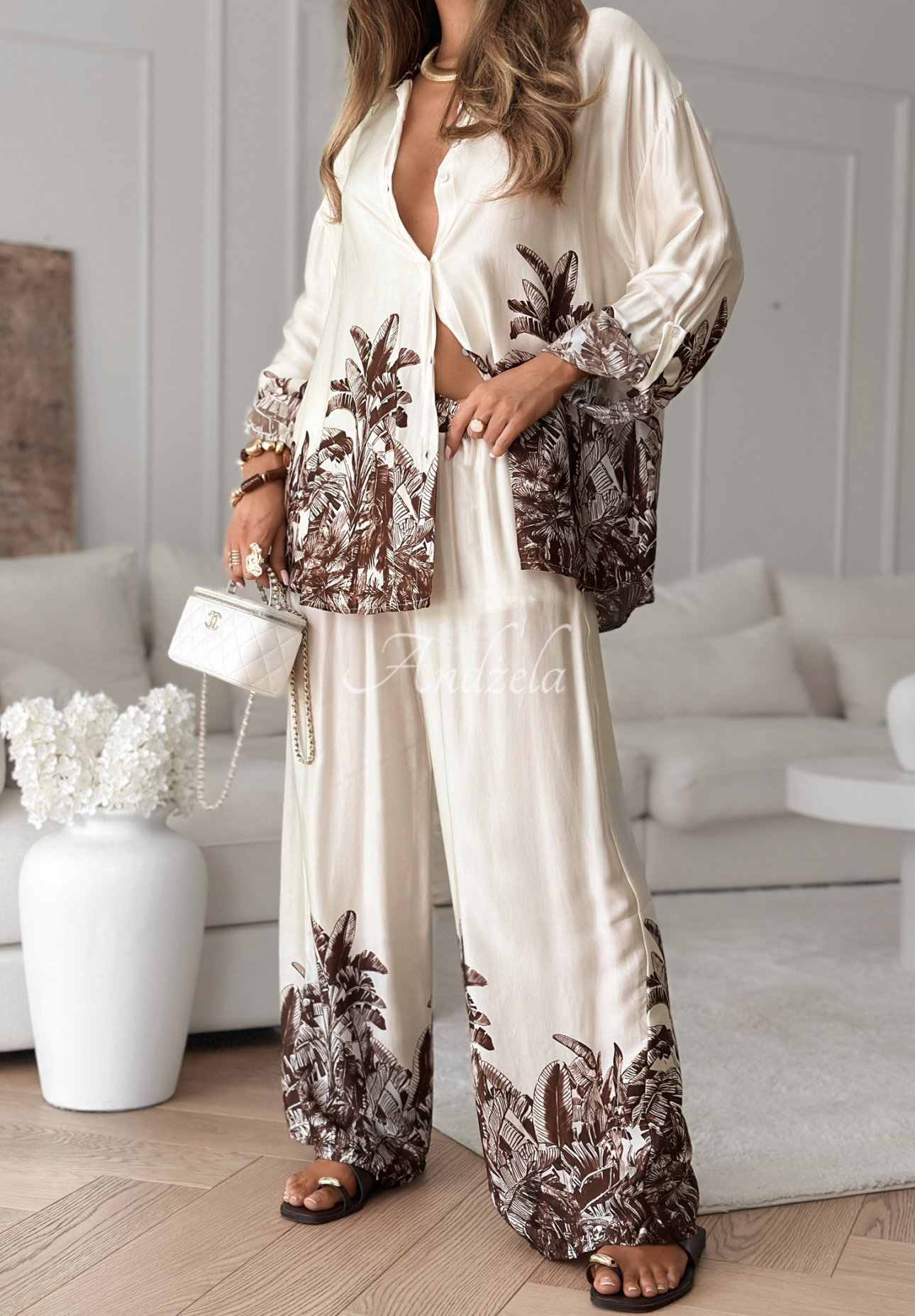Satin viscose set viscose patterned shirt and wide leg pants Salina Cruz vanilla