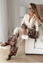 Satynowy komplet koszula i spodnie wide leg we wzory Salina Cruz waniliowy