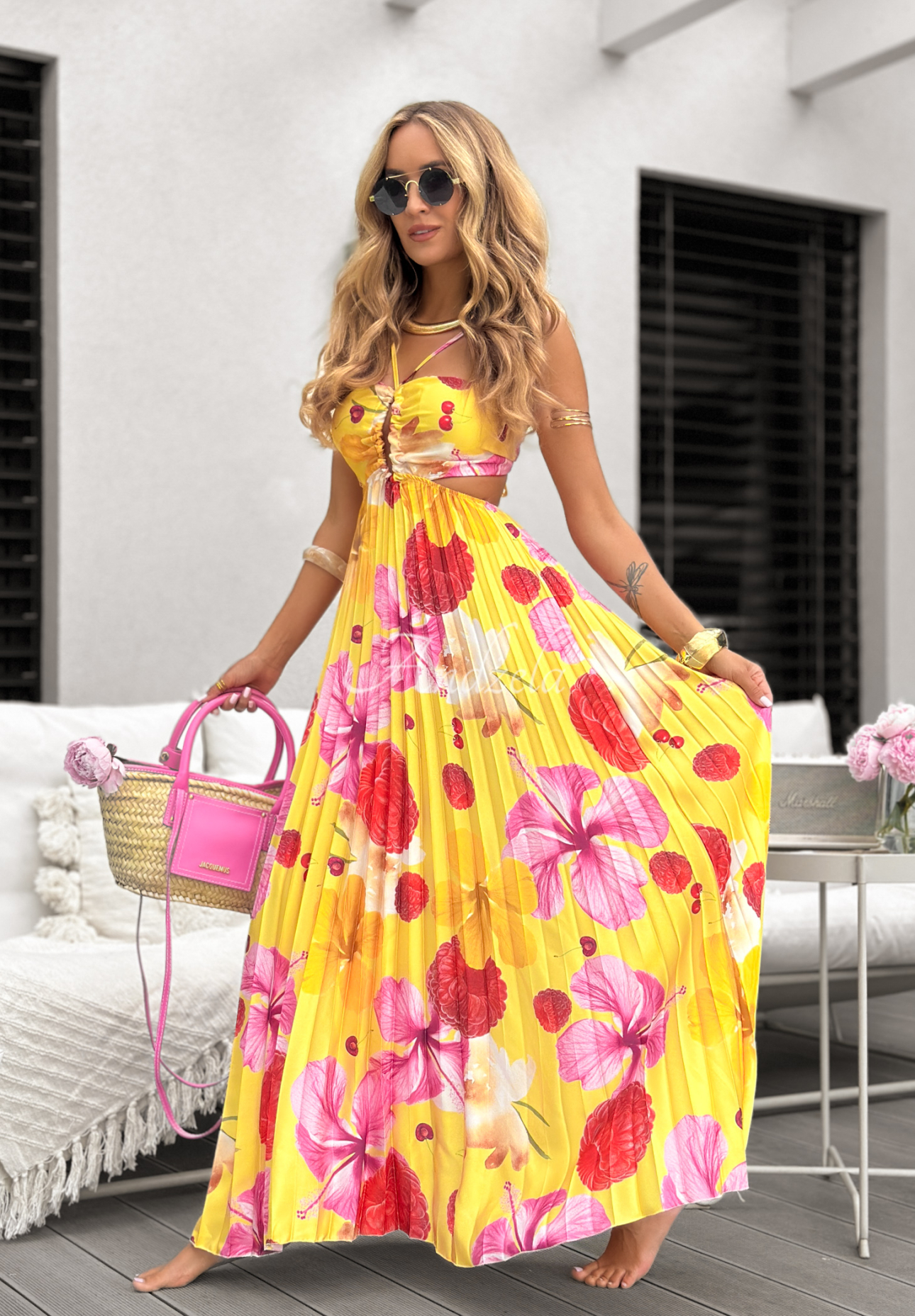 Elevate Your Everyday banana pink pleated patterned dress