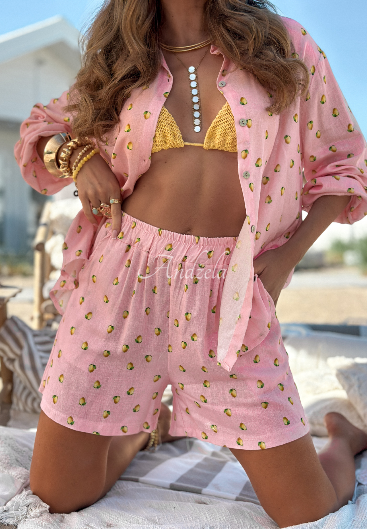 Linen set of shirt and short shorts in lemons Fresh Lemon Juice powder pink